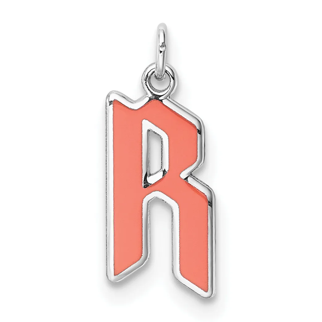 A silver charm pendant featuring the letter R in coral red enamel with silver outline, suspended from a small loop at the top.