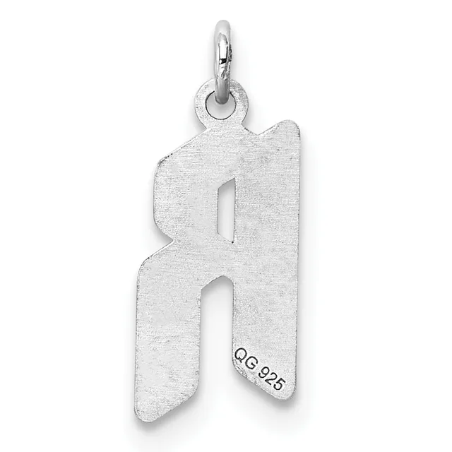 Sterling silver letter "A" pendant with a textured finish and small stamped hallmark, suspended from a bail loop.