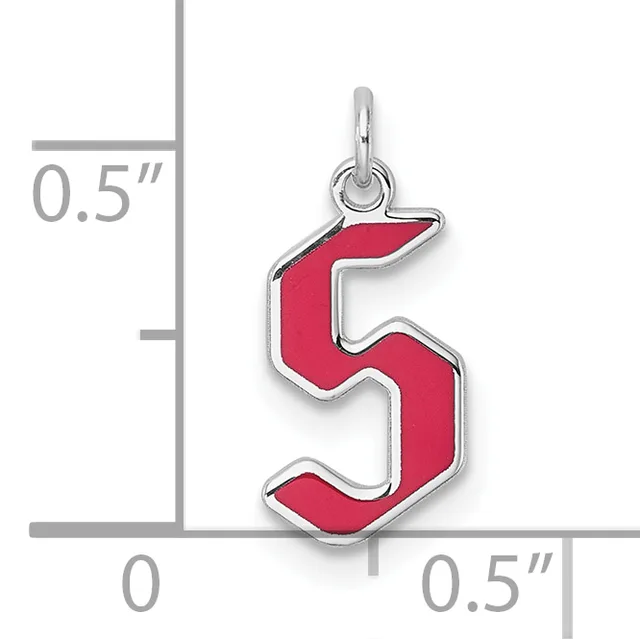 Silver charm pendant featuring the number five in red enamel with a silver outline, shown next to a measurement scale indicating approximately half an inch in height.