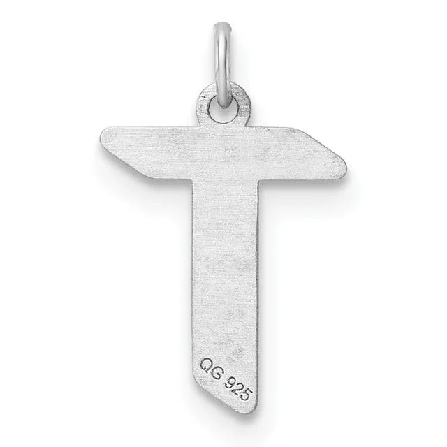 A silver cross pendant with a rounded top and pointed bottom, featuring a small stamped hallmark near the base and a loop for attachment at the top.