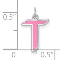 A pink enamel cross pendant with silver-tone metal outline and loop, shown next to a measurement ruler indicating approximately 0.5 inches in height.