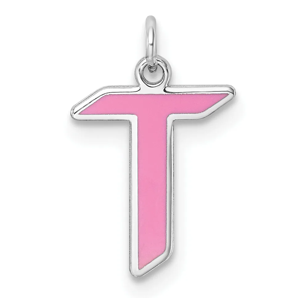 A silver cross pendant with bright pink enamel fill and a loop at the top for hanging.