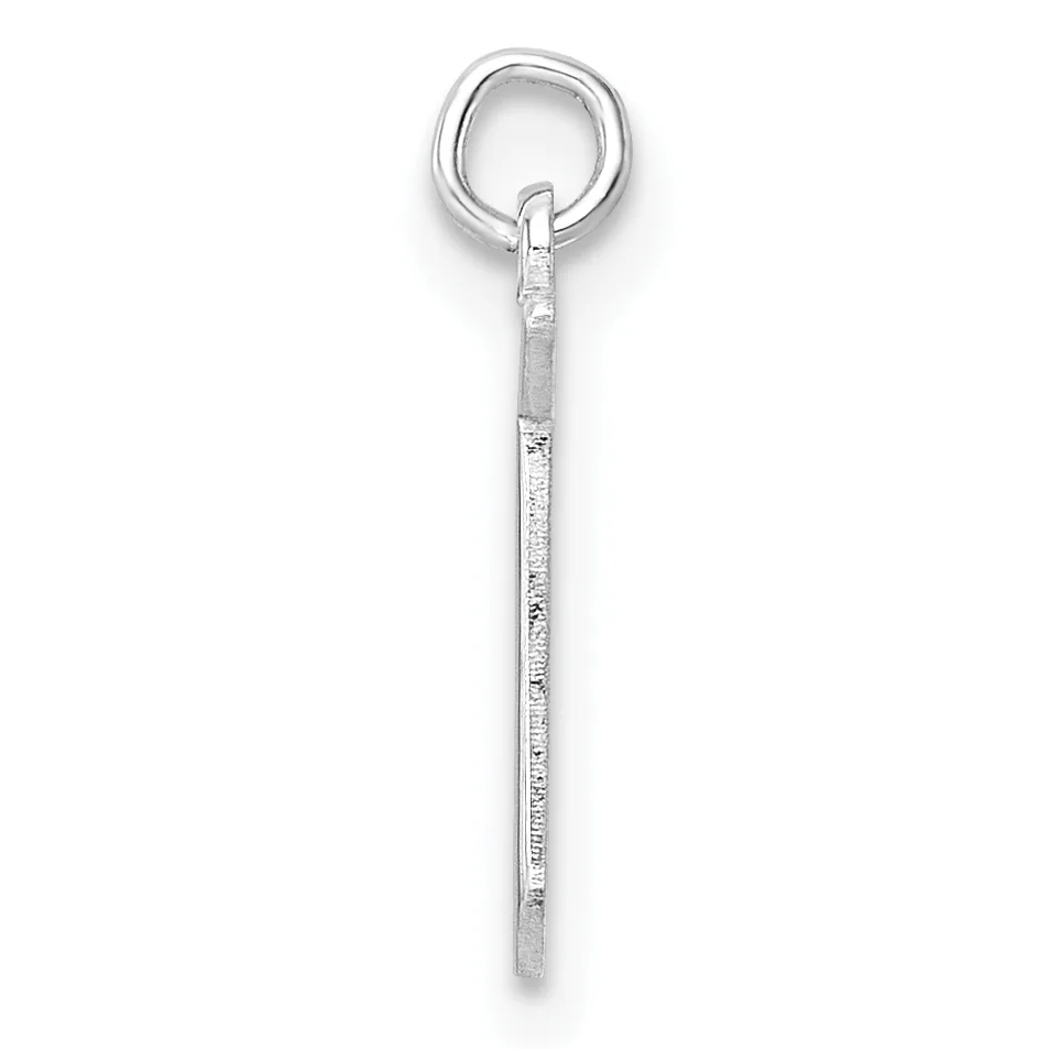 A silver bar pendant with a small stamped hallmark, suspended from a silver ring against a white background.