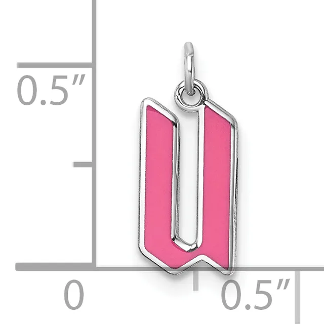 A silver charm with bright pink enamel in the shape of the letter U, shown next to a ruler indicating its size as approximately 0.5 inches wide and tall.