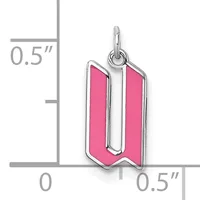 A silver charm with bright pink enamel in the shape of the letter U, shown next to a ruler indicating its size as approximately 0.5 inches wide and tall.