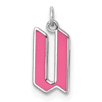 Silver charm pendant with a pink enamel rectangular letter U shape, featuring a silver loop at the top for attachment to a chain or bracelet.