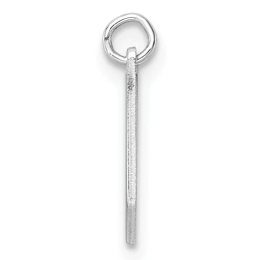 A long rectangular silver pendant with a textured surface hanging from a round silver loop against a white background.