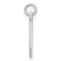 A long rectangular silver pendant with a textured surface hanging from a round silver loop against a white background.