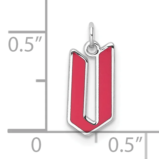 Silver pendant with red enamel in a geometric shield shape, shown with measurement scale indicating approximately 0.5 inches in height and width.