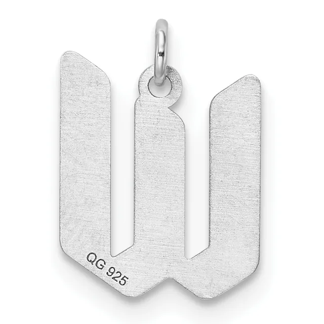 A silver pendant shaped like the letter W with rounded edges and a small stamped hallmark on the lower left, suspended from a silver bail loop.