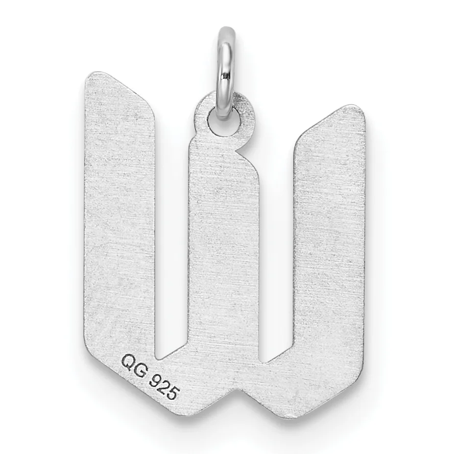 A silver pendant shaped like the letter W with rounded edges and a small stamped hallmark on the lower left, suspended from a silver bail loop.