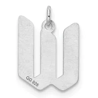 A silver pendant shaped like the letter W with rounded edges and a small stamped hallmark on the lower left, suspended from a silver bail loop.