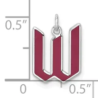 A silver pendant featuring a burgundy enameled initial W with rounded rectangular frames, shown with a measurement scale indicating its size is approximately 0.5 inches in height and width.