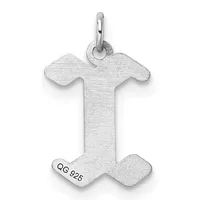 Silver letter T pendant with curved wing-like extensions on both sides and a small stamped hallmark on the lower left, suspended from a bail loop.