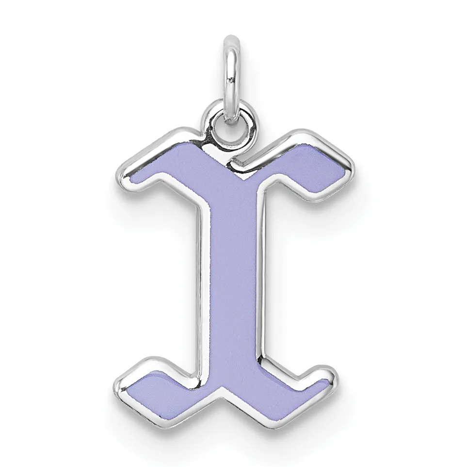 A silver pendant charm shaped like the letter I with lavender enamel fill and a small loop at the top for hanging.