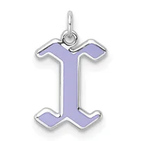A silver pendant charm shaped like the letter I with lavender enamel fill and a small loop at the top for hanging.