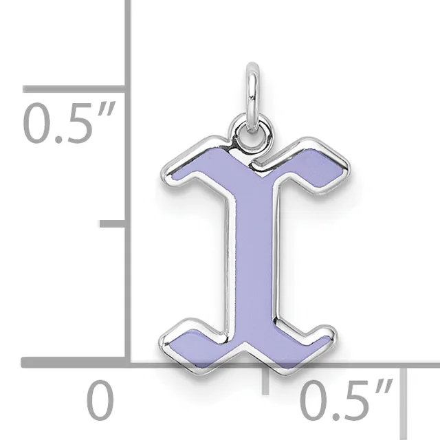 A silver charm pendant with a purple enamel letter I, shown with a measurement scale indicating it is approximately 0.5 inches tall and 0.5 inches wide.