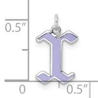 A silver charm pendant with a purple enamel letter I, shown with a measurement scale indicating it is approximately 0.5 inches tall and 0.5 inches wide.
