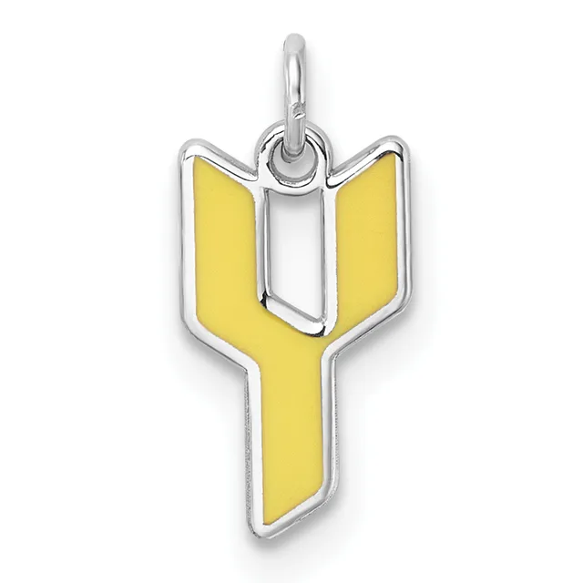 A silver pendant shaped like a yellow saguaro cactus with a loop at the top for hanging.