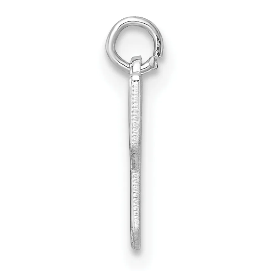 A silver eye hook with a threaded shaft and small stamped hallmark, displayed vertically against a white background.