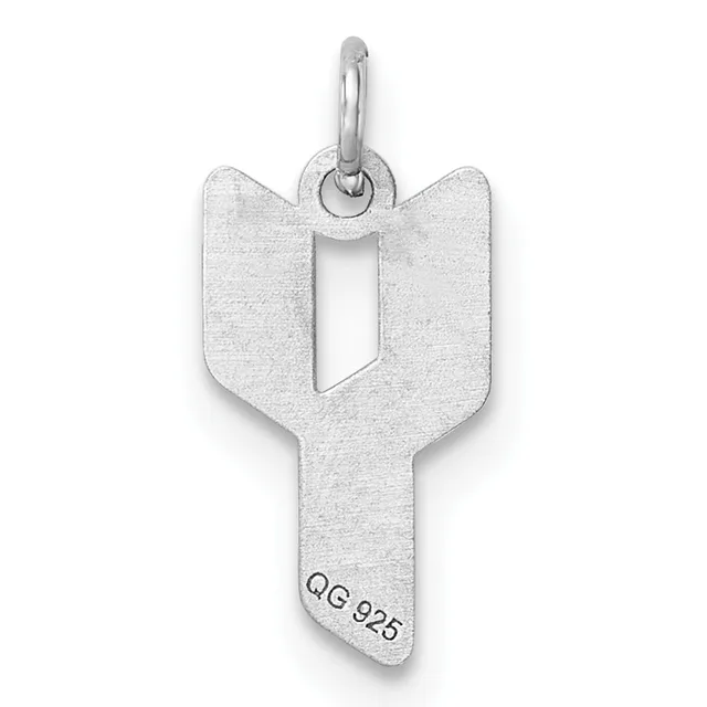 A silver key-shaped pendant with a decorative handle featuring two rounded lobes at the top and a small stamped hallmark on the shaft, suspended from a silver bail.