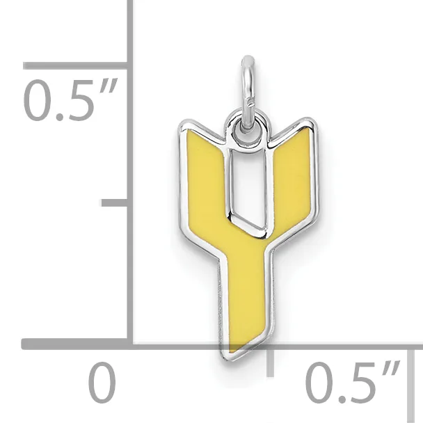 A yellow enamel arrow pendant with silver-toned metal outline and loop, shown next to a measurement scale indicating approximately 0.5 inches in height.
