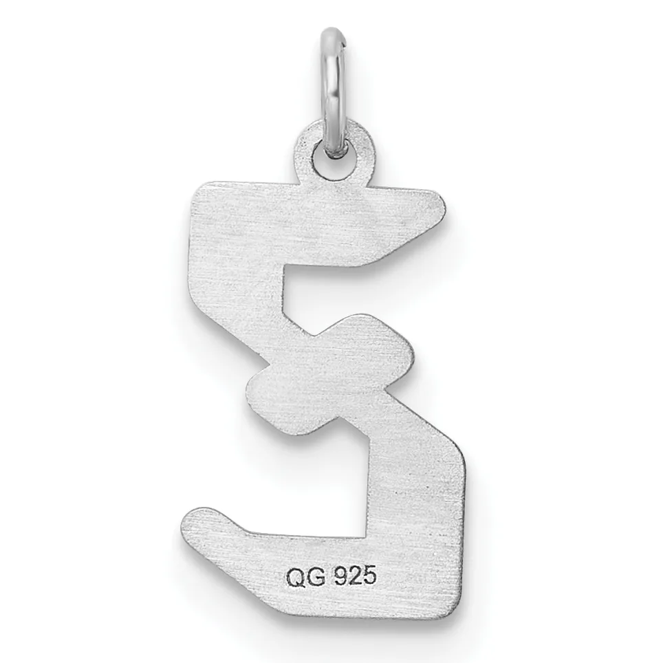 A silver pendant shaped like an abstract stylized letter S with rounded curves and a small stamped hallmark, suspended from a bail loop.
