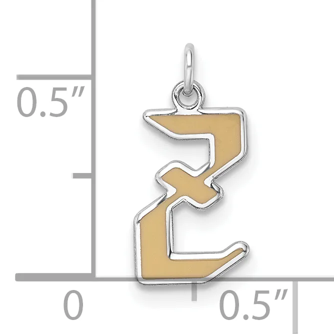 Gold-colored letter E pendant with silver outline and loop, shown next to a ruler indicating approximately 0.5 inches in height.