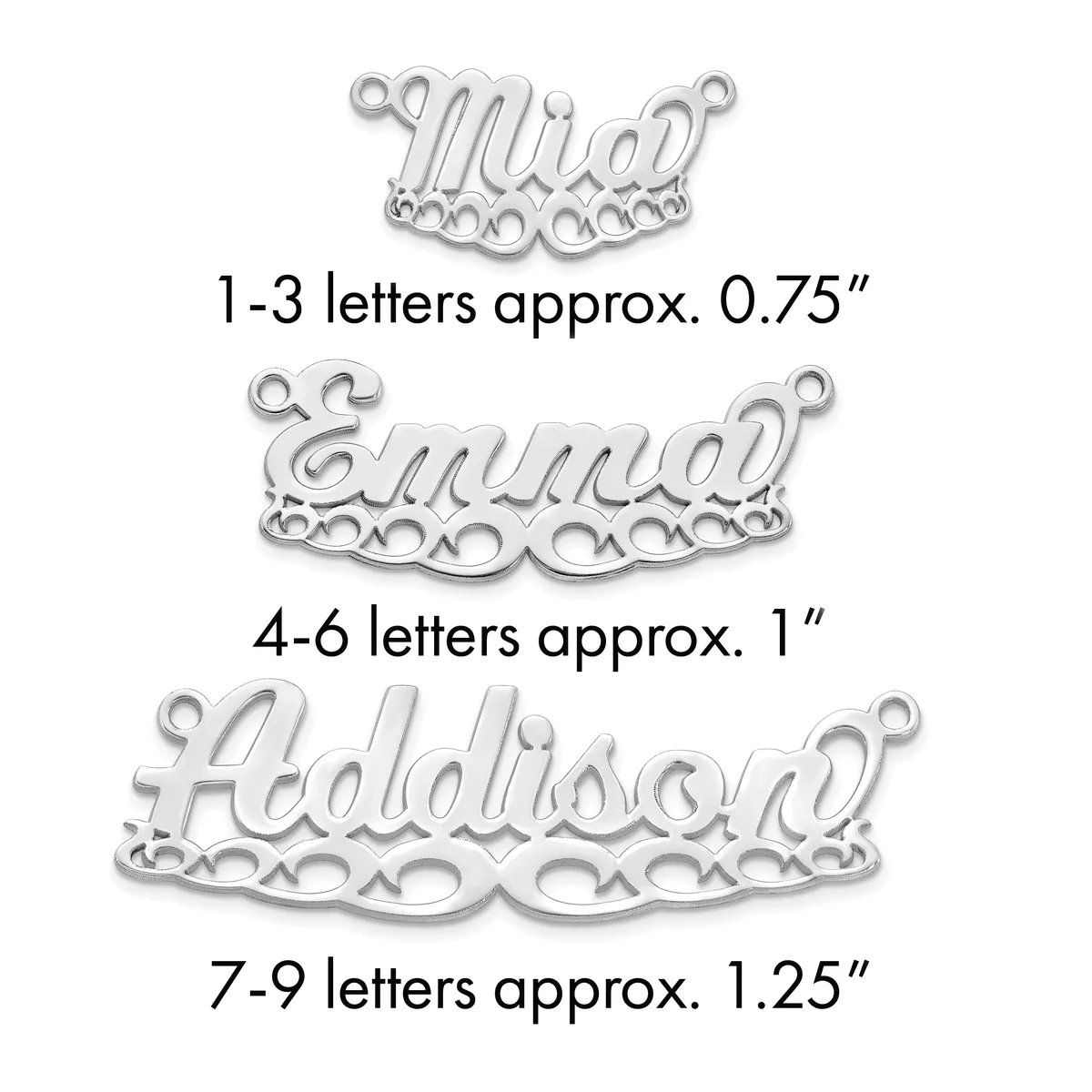 Three silver-toned metal name plate charms with decorative borders and loops, sized for 1-3, 4-6, and 7-9 letter names respectively.