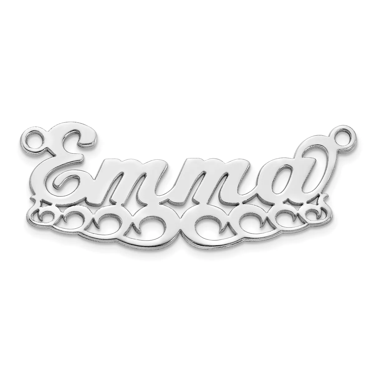 A silver-toned metal nameplate pendant with decorative scrollwork borders at the top and bottom, featuring two small loops for attachment.