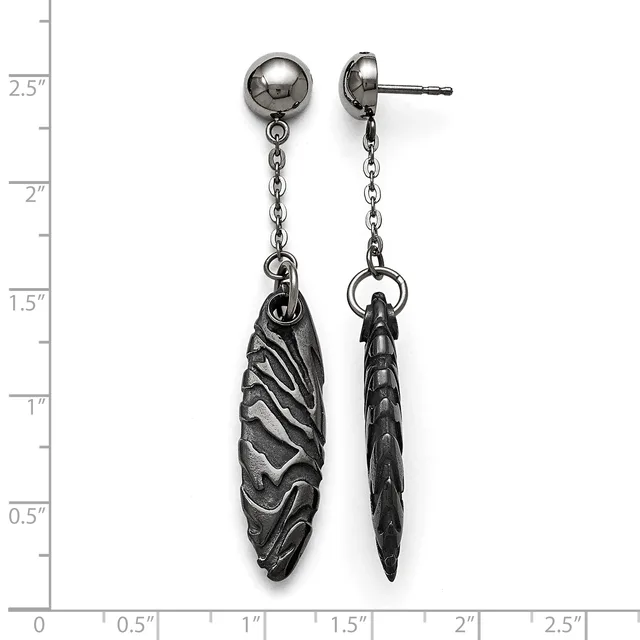 Pair of dangling earrings with polished ball studs and chain-suspended textured metal pendants in an elongated leaf or feather shape, shown front and side view against a measurement ruler.