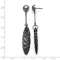 Pair of dangling earrings with polished ball studs and chain-suspended textured metal pendants in an elongated leaf or feather shape, shown front and side view against a measurement ruler.