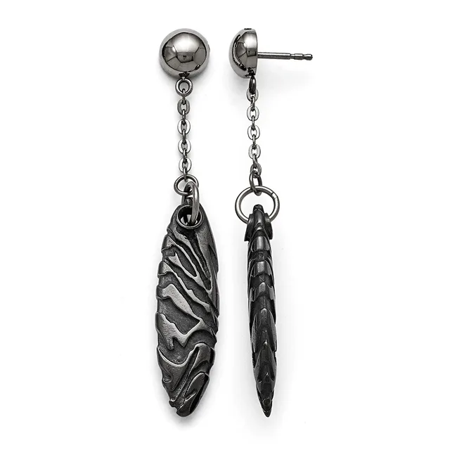 Pair of stainless steel drop earrings featuring polished ball studs connected to textured black metal pendants by delicate chain links.