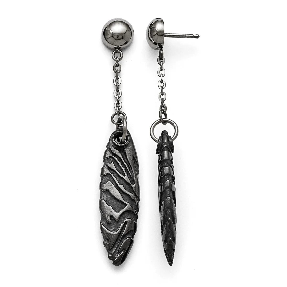 Pair of stainless steel drop earrings featuring polished ball studs connected to textured black metal pendants by delicate chain links.