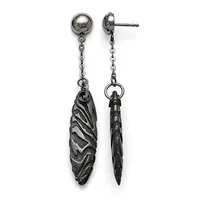 Pair of stainless steel drop earrings featuring polished ball studs connected to textured black metal pendants by delicate chain links.