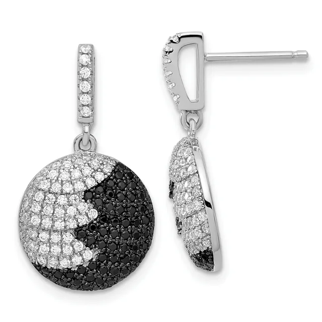 Pair of sterling silver dangle earrings with black and white diamond pavé spheres suspended from diamond-studded bail posts.