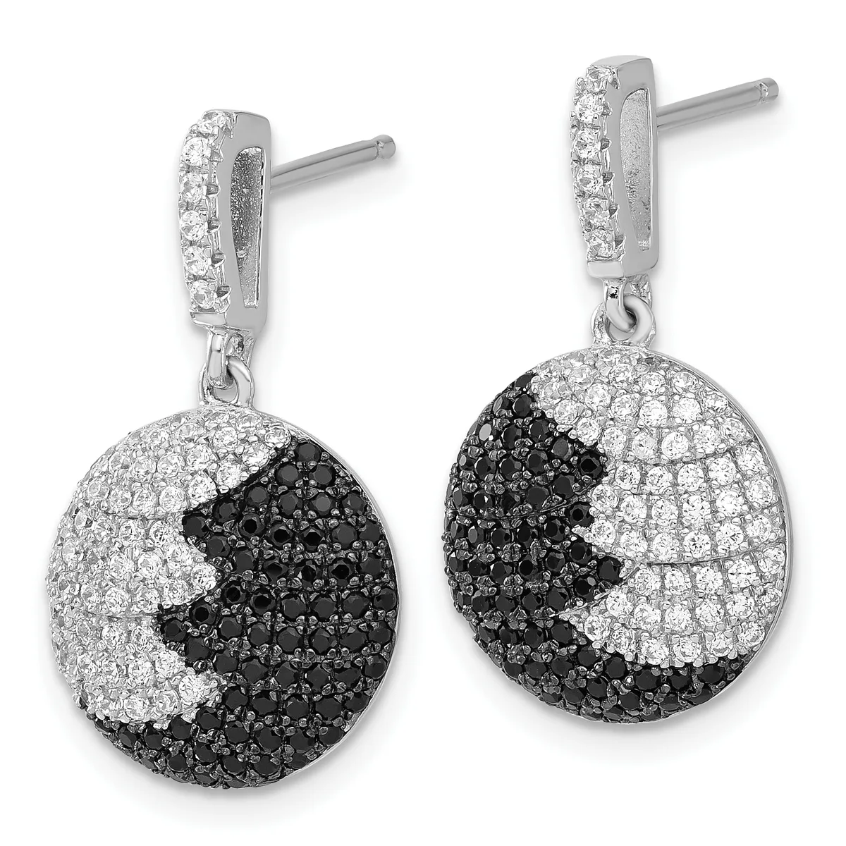 Pair of silver drop earrings with rectangular posts topped by diamond accents, each suspending a spherical pendant half-covered in black diamonds and half in white diamonds.
