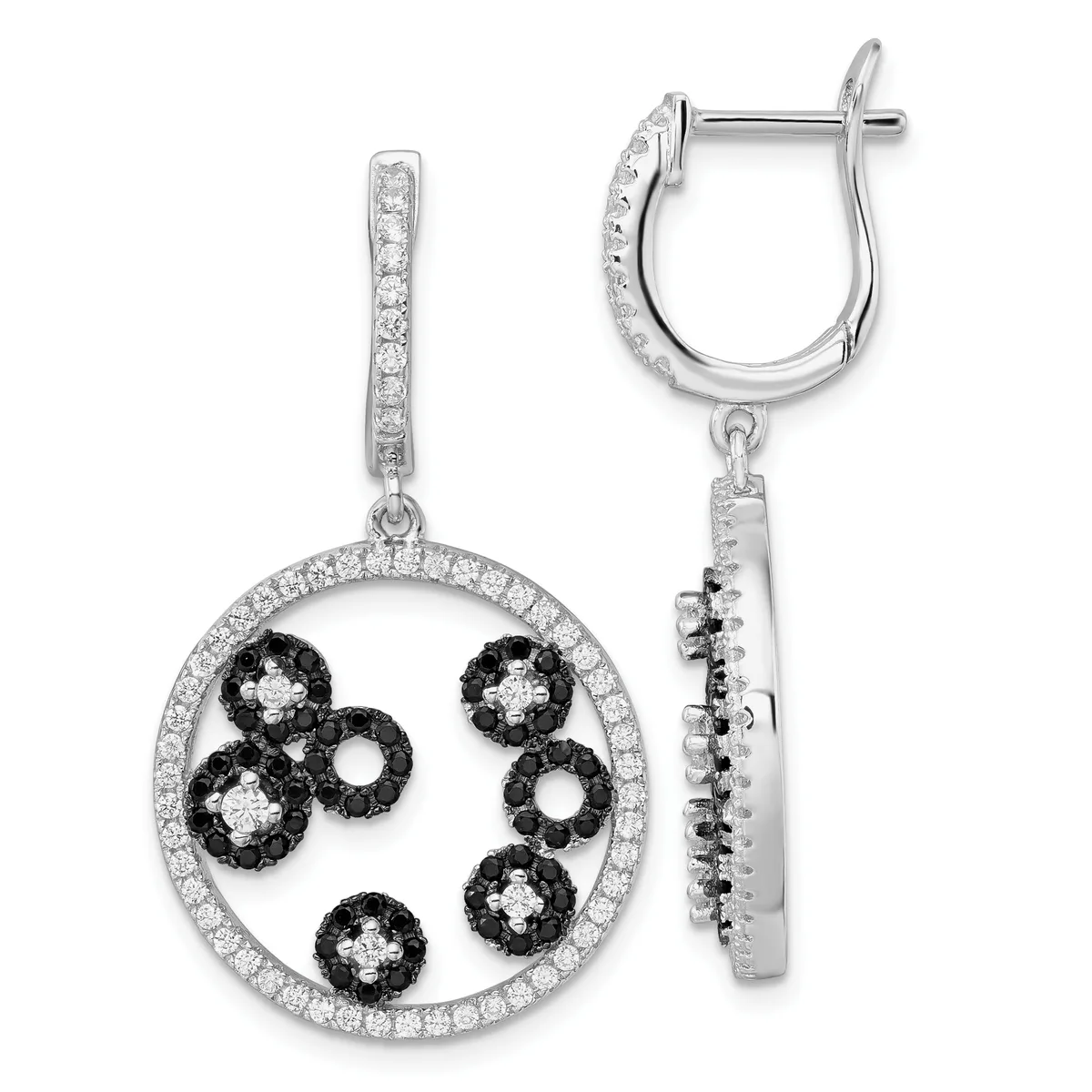 Pair of silver drop earrings with hinged hoops featuring circular pendants set with black and white diamonds arranged in a floral pattern, shown from front and back views.