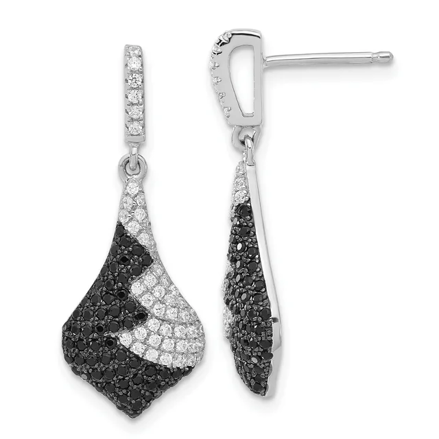 Pair of silver drop earrings with black and white diamond pave settings in a teardrop shape, shown from front and back views.