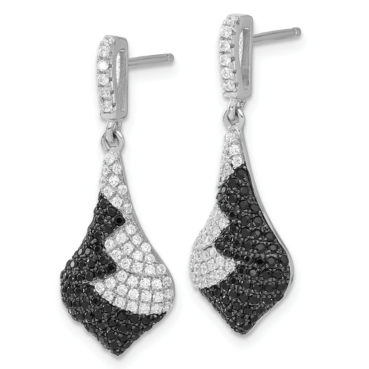 Pair of silver drop earrings with white and black diamond pavé sections forming a teardrop shape, suspended from rectangular studs with post backs.