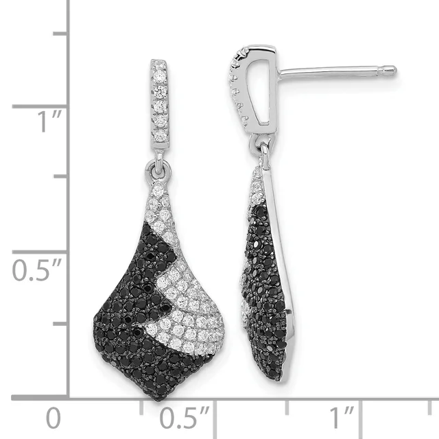 Pair of sterling silver drop earrings with black and white cubic zirconia stones in a teardrop design, shown next to a measurement ruler.