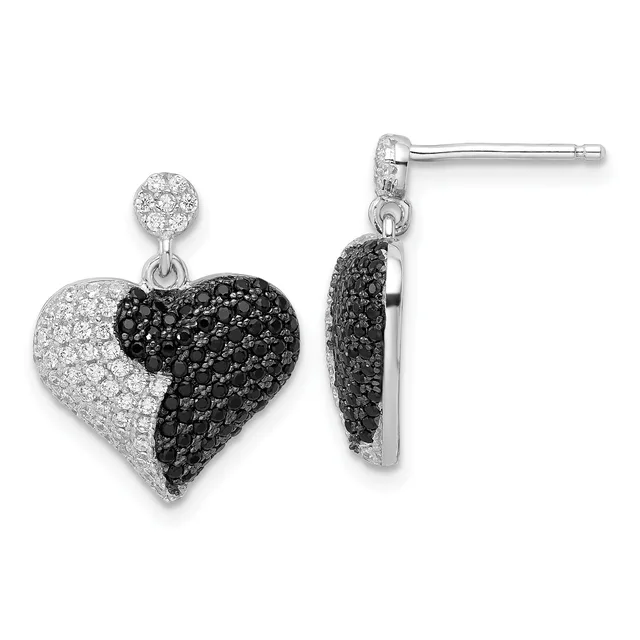 Pair of silver heart-shaped drop earrings with white crystals on one half and black crystals on the other half, shown from front and side views.