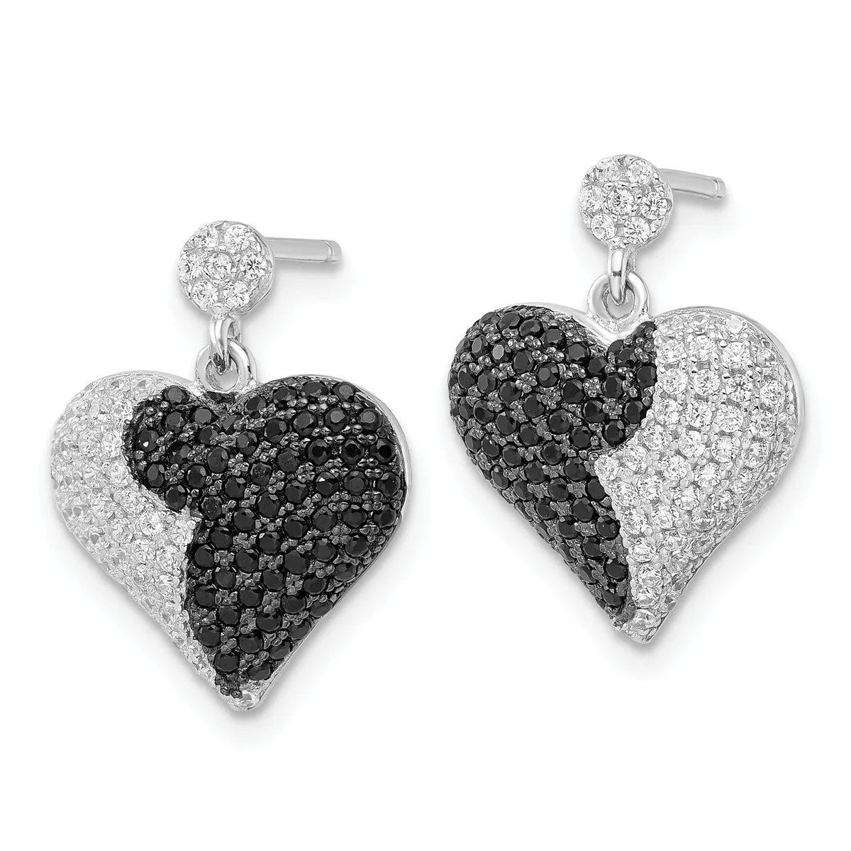 A pair of silver dangle earrings with small stud tops featuring black and white cubic zirconia stones arranged in a split heart design.