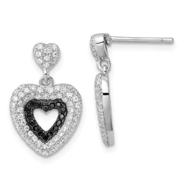 Pair of silver drop earrings with small heart studs connected to larger heart pendants set with clear and black diamonds, shown from front and side views.