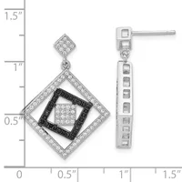 Silver diamond-shaped dangle earrings with white and black cubic zirconia stones, shown front and side view against a measurement scale.
