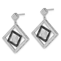 Pair of silver drop earrings with square geometric designs featuring black and white pave diamonds arranged in nested diamond shapes, shown from the front.