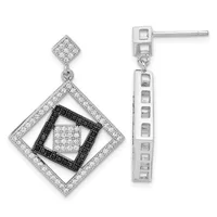 Pair of silver drop earrings with nested diamond-shaped frames, white and black diamond accents, and post backs shown front and side view.