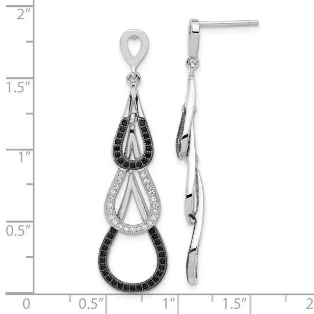 Pair of silver drop earrings with three tiered teardrop shapes alternating black and clear cubic zirconia, measuring approximately 2 inches long.
