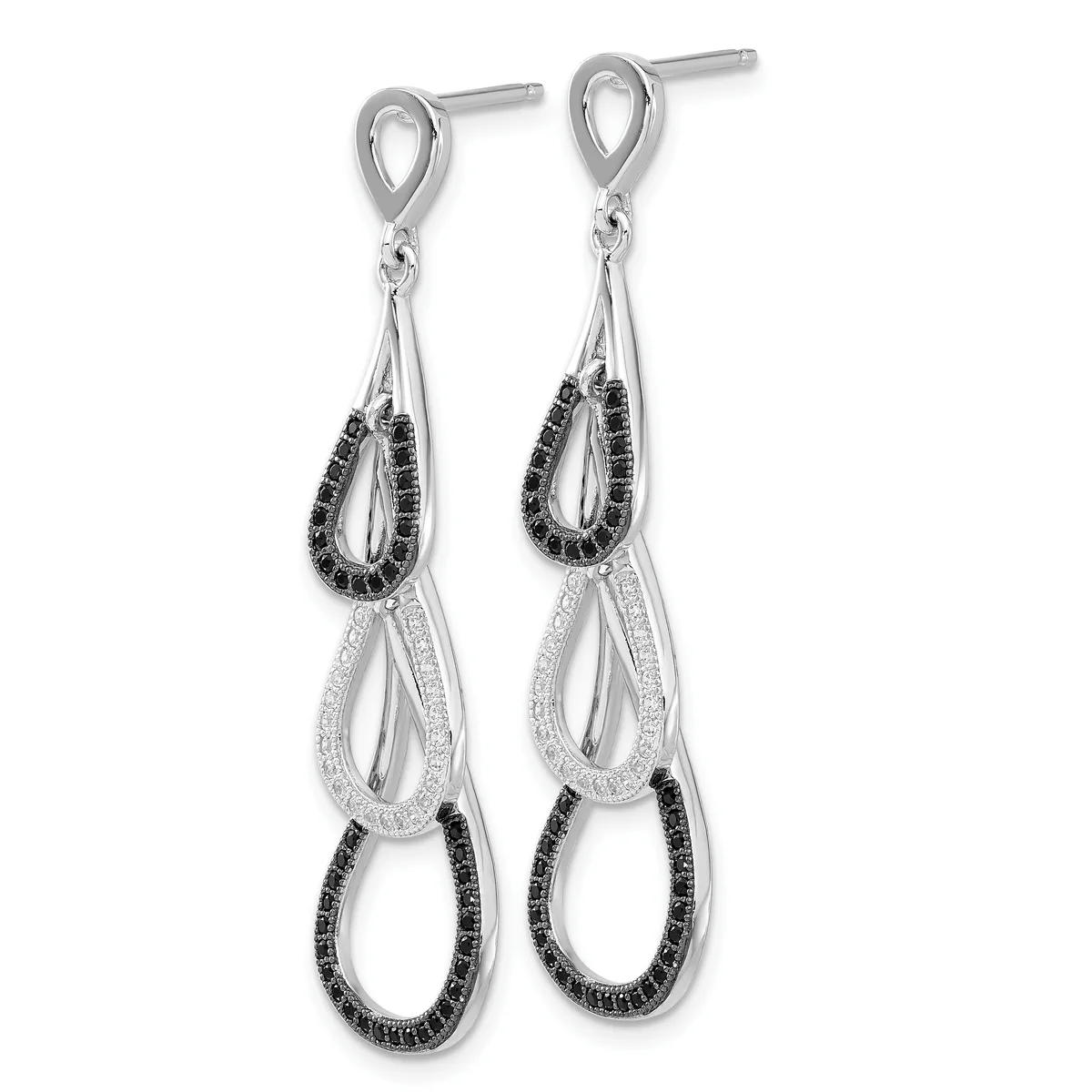 Pair of silver drop earrings with alternating teardrop shapes outlined in black and white crystals, suspended from small teardrop studs.