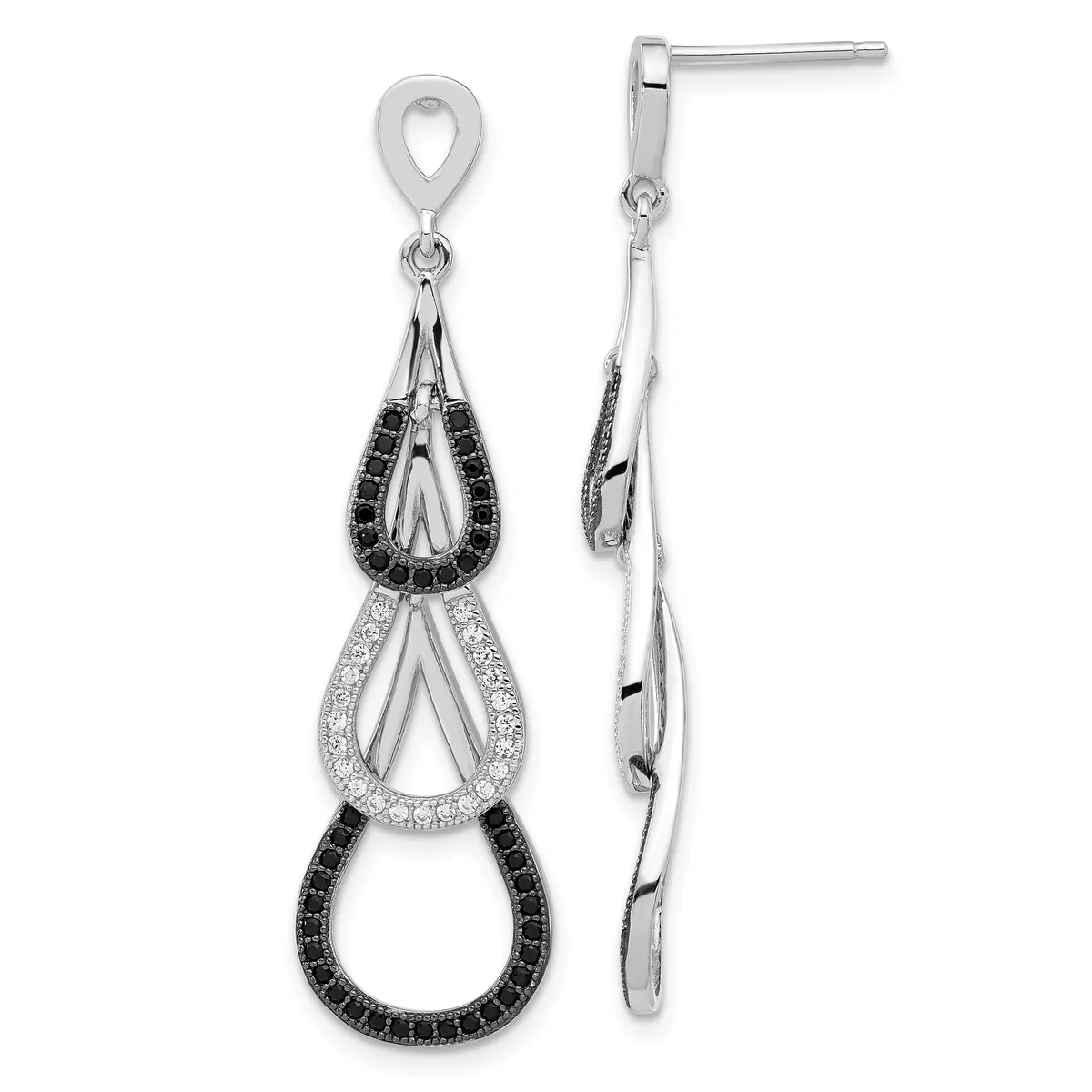 Silver teardrop dangle earrings with black and white gemstone accents, shown from front and side views.